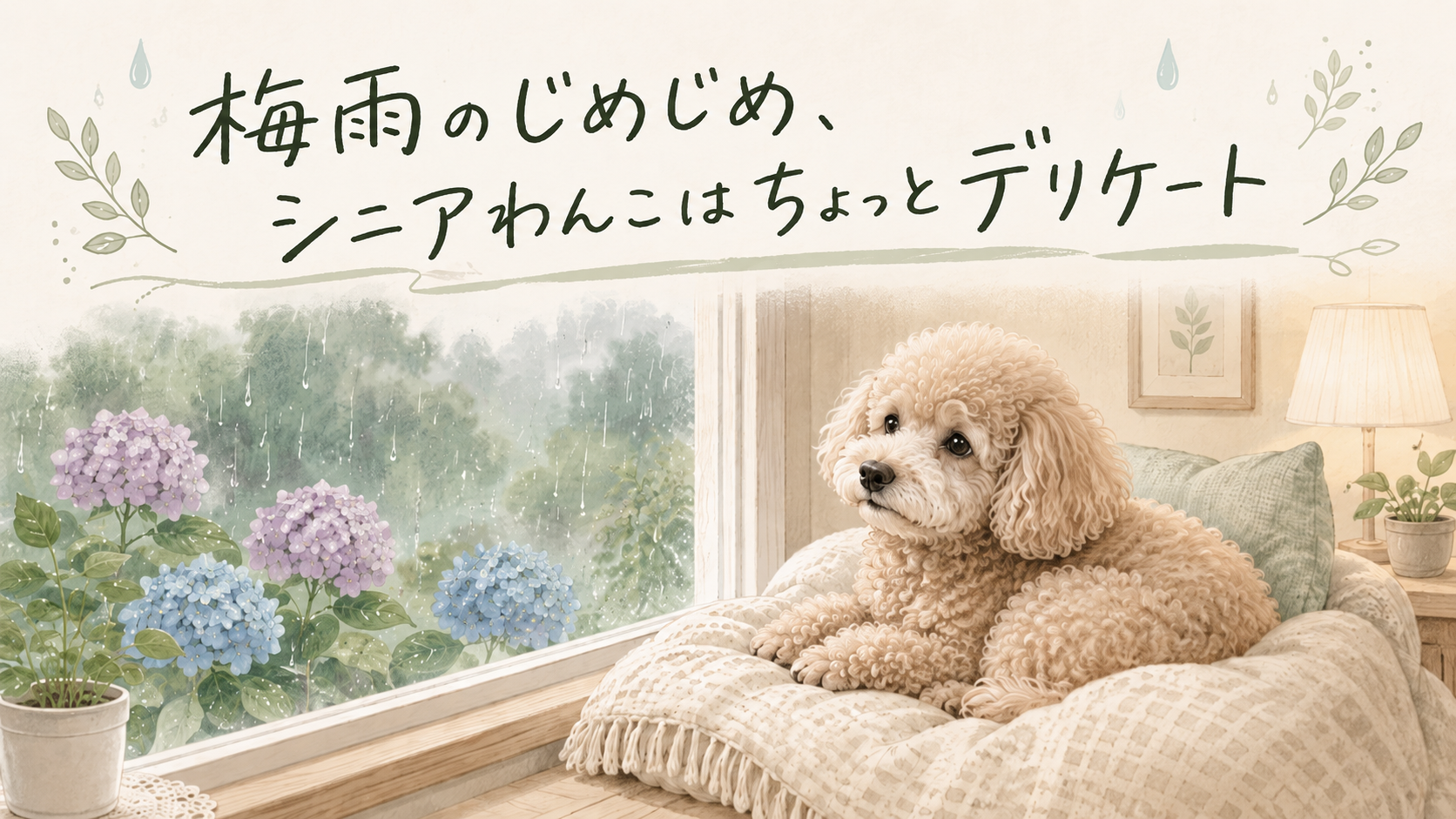 梅雨の窓辺でくつろぐシニアのトイプードル